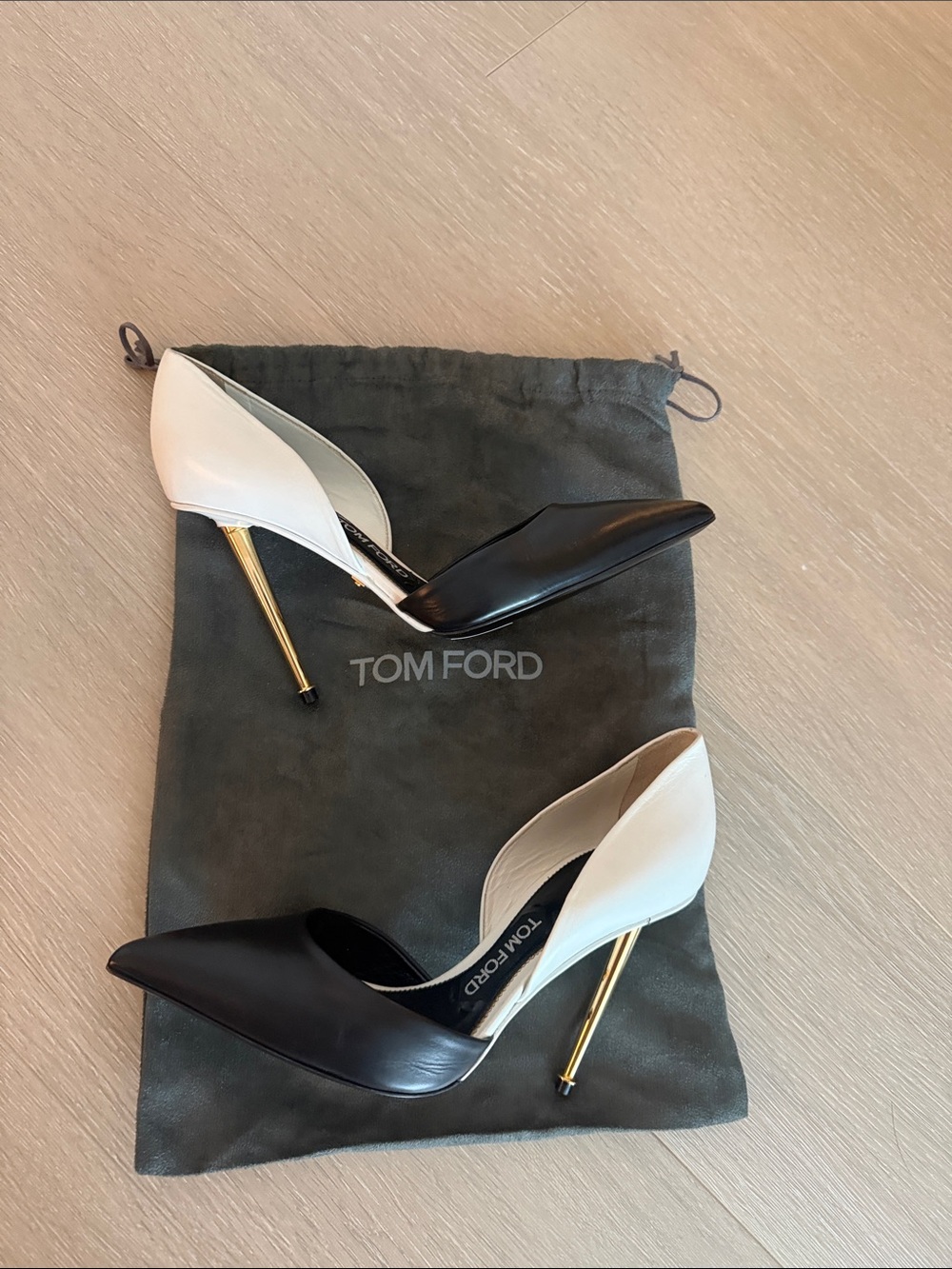 Tom Ford Black & White Pointed-Toe Stiletto Pumps with Gold Heel
